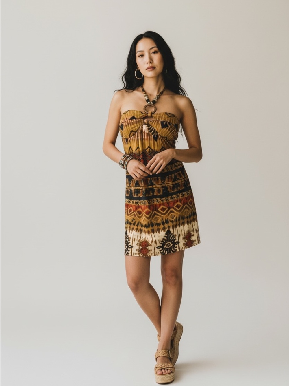 Vintage Y2K Snap Strapless Beaded Halter Tribal Print Dress Multicolor